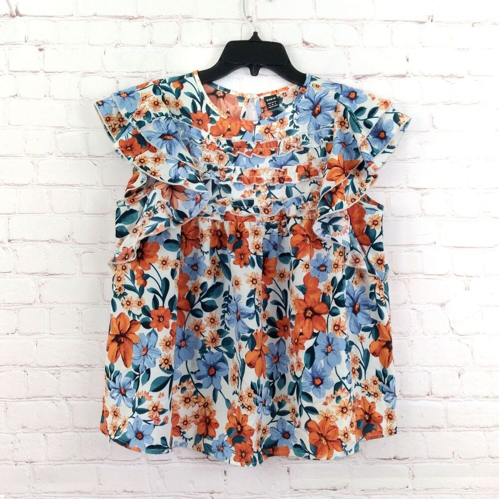 Shein Top Womens Small 4 Blue Orange Floral Flutter Ruffle Boho Cottage Preppy